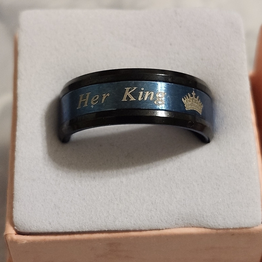 Fashion 2-Tones Her King Ring, Black Blue, Matching Couples Wedding Band Engagem